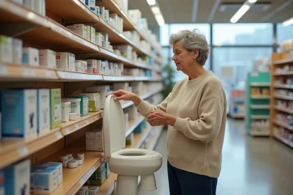 Femme d'âge moyen examine un siège toilettes sur une étagère