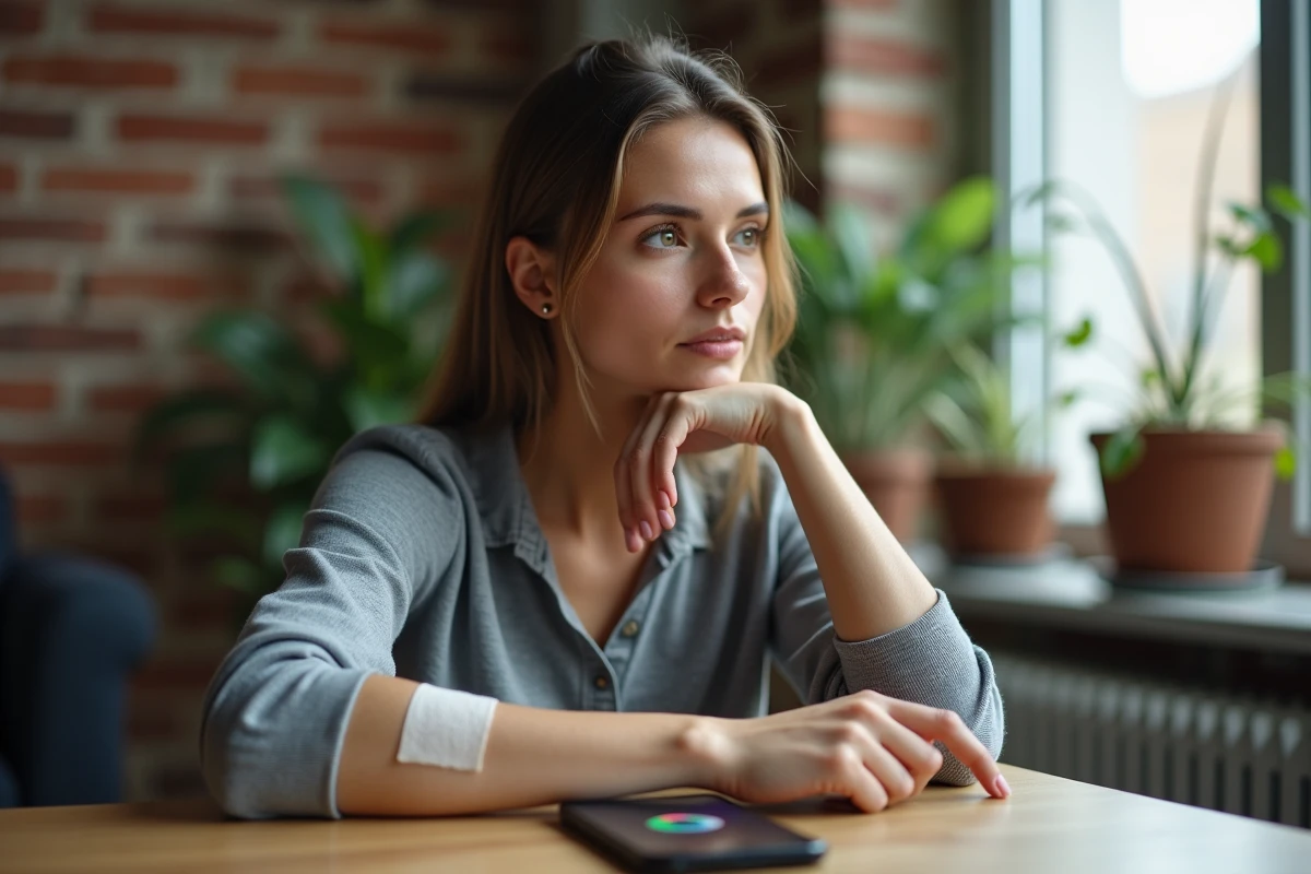 Femme consultant une application de suivi GPS après implantation d'une puce sous-cutanée