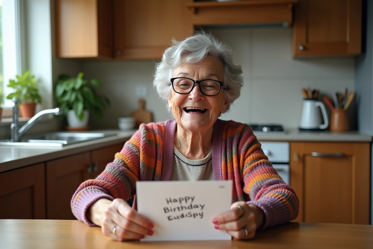 Femme souriante de soixante-dix ans lisant une carte d anniversaire