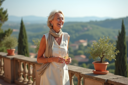 Femme souriante en robe lin sur une terrasse en Toscane