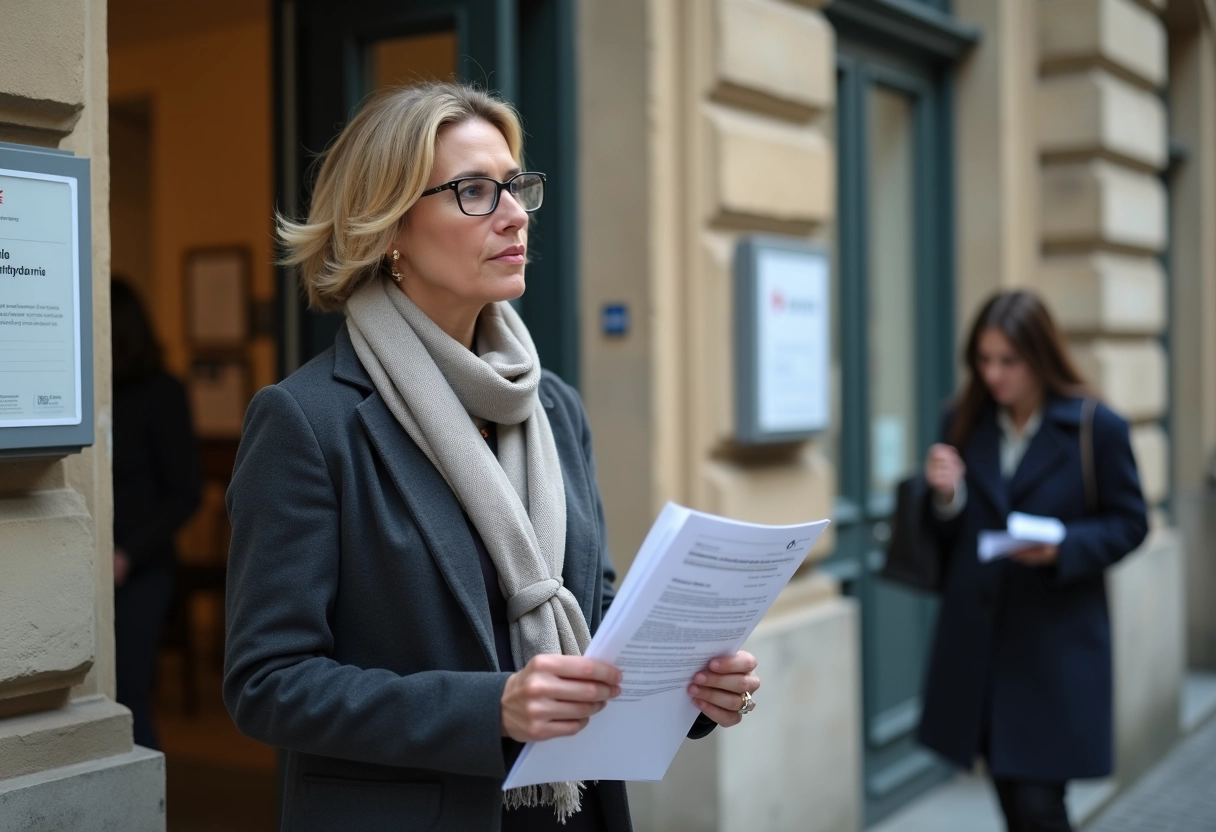 Femme regardant une affiche avec documents officiels