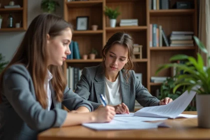 Femme d'âge moyen lisant des documents à la maison