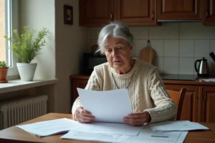 Femme méditative lisant des documents à la cuisine