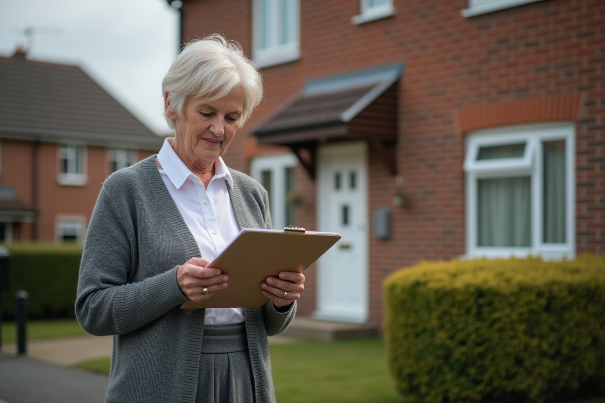 Femme âgée lisant une lettre devant sa maison de banlieue