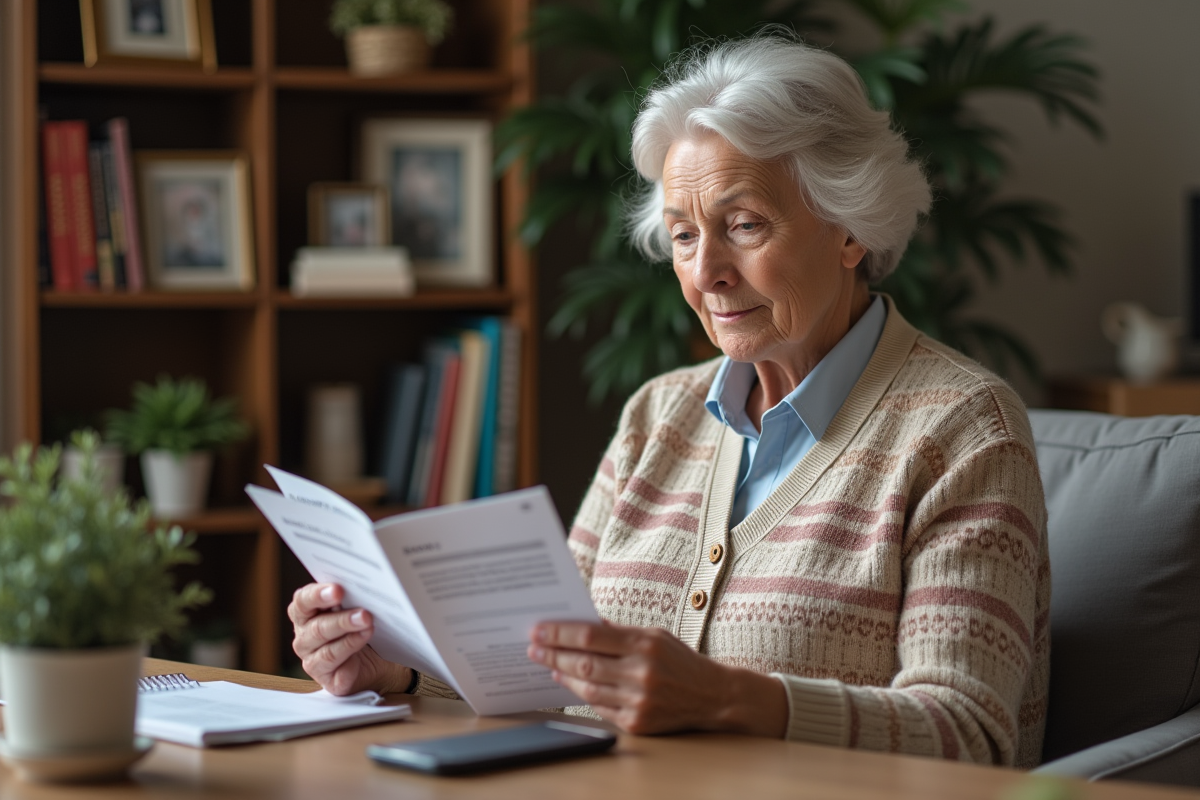 Femme âgée lisant un manuel avec son téléphone dans le salon