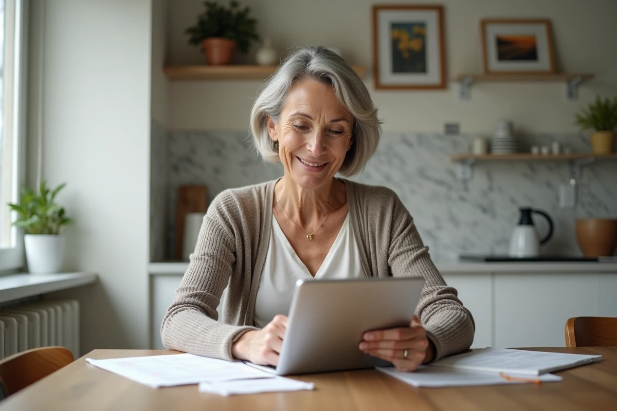 Femme d'âge moyen lisant des documents à la maison