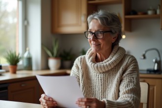 Femme lisant un courrier de cheque Noel dans sa cuisine chaleureuse