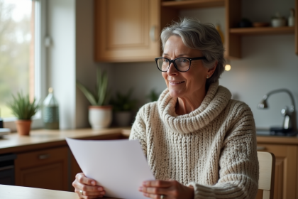 Femme lisant un courrier de cheque Noel dans sa cuisine chaleureuse