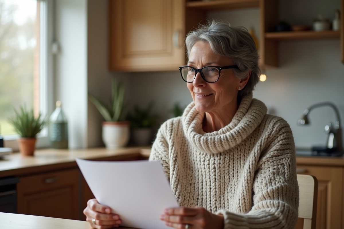 Femme lisant un courrier de cheque Noel dans sa cuisine chaleureuse
