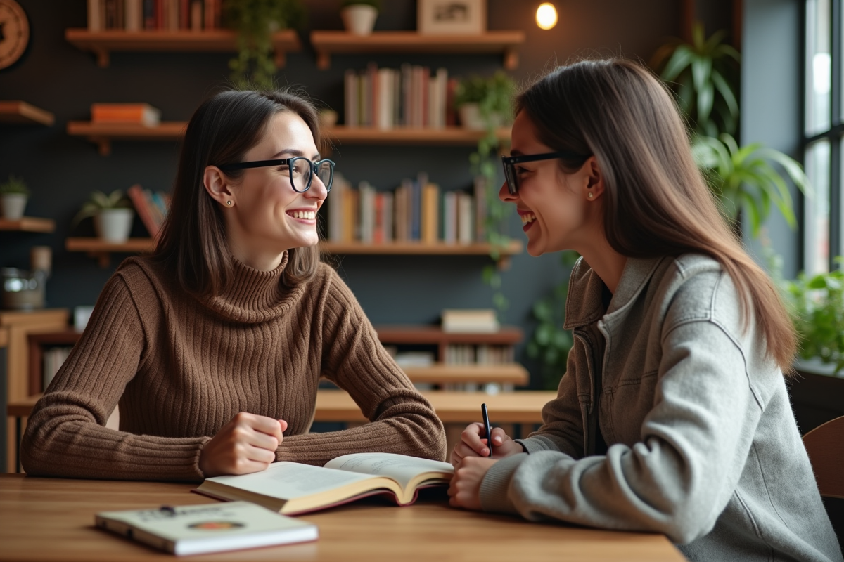 Jeune femme partageant une recommandation de livre au café