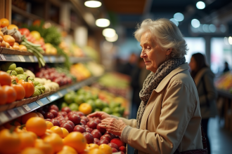 Femme âgée choisissant des produits frais au marché