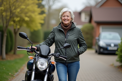 Femme souriante en veste moto débutante devant sa moto