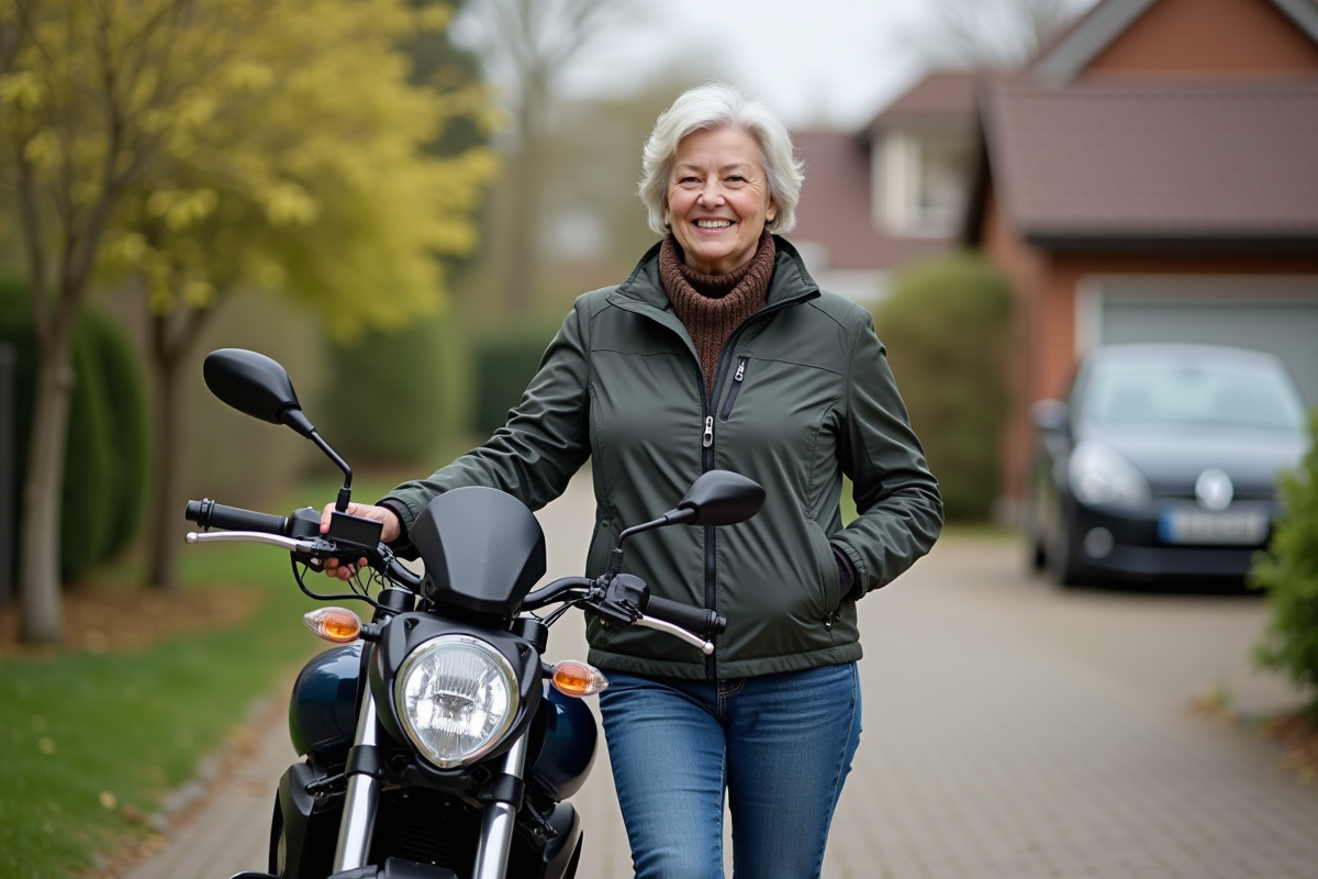 Femme souriante en veste moto débutante devant sa moto