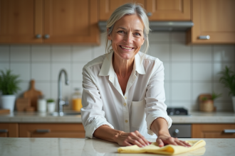 Femme souriante nettoyant un plan de travail dans une cuisine moderne