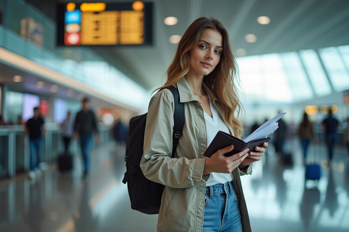 Femme organisant ses documents de voyage à l