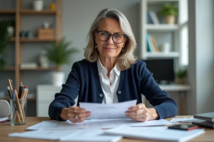 Femme organisée triant des papiers dans un bureau moderne
