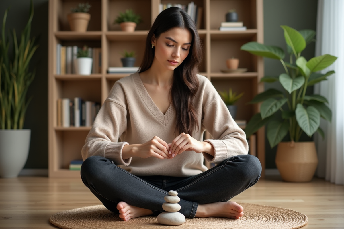 Femme méditant avec pierres sur un tapis en intérieur