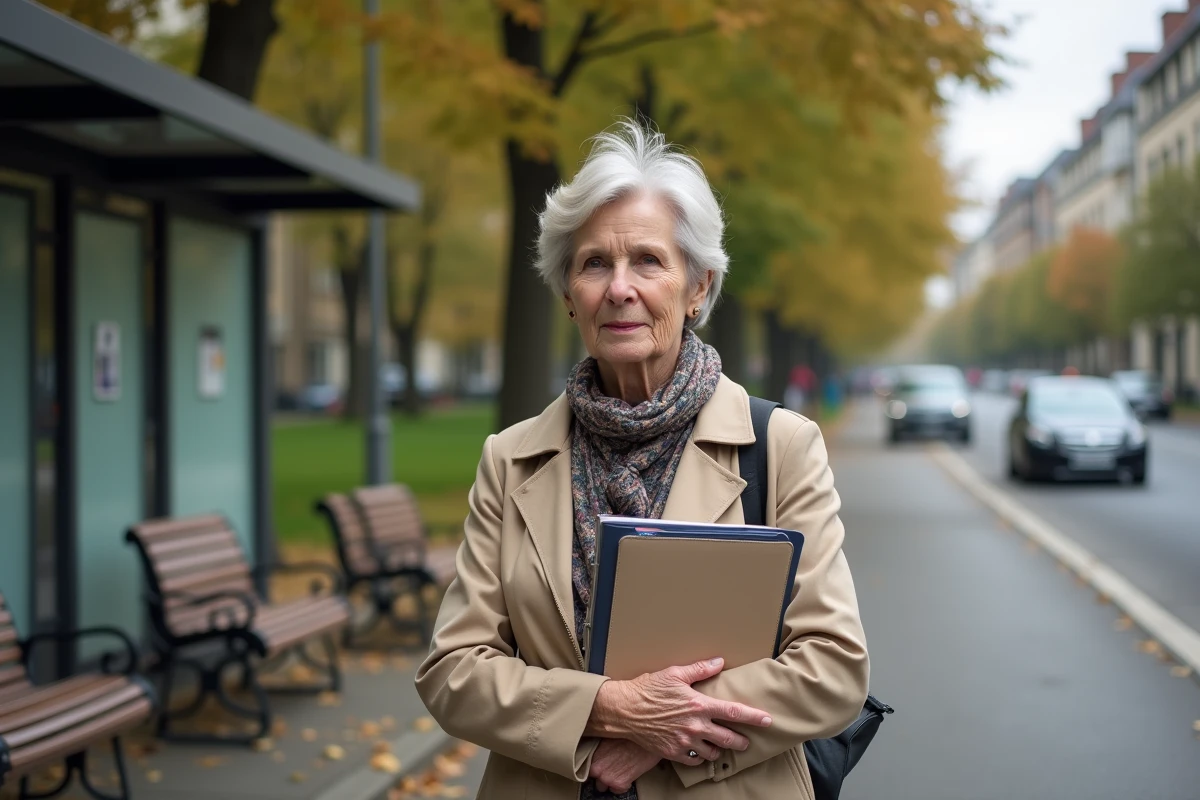 Femme de 59 ans attendant au arrêt de bus dans un parc urbain