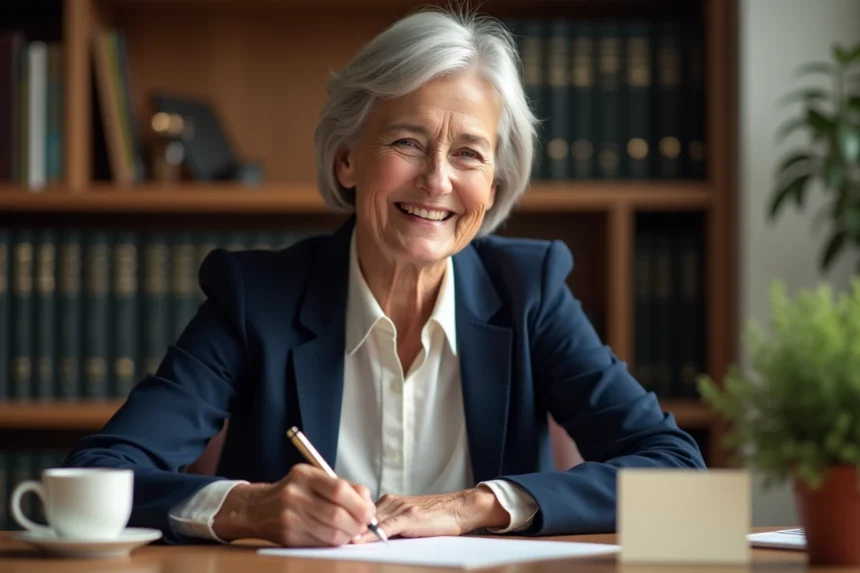 Femme souriante à la retraite rédigeant un discours d'adieu à son bureau avec une plume et du papier crème