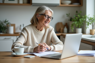 Femme souriante en retraite examine ses documents financiers