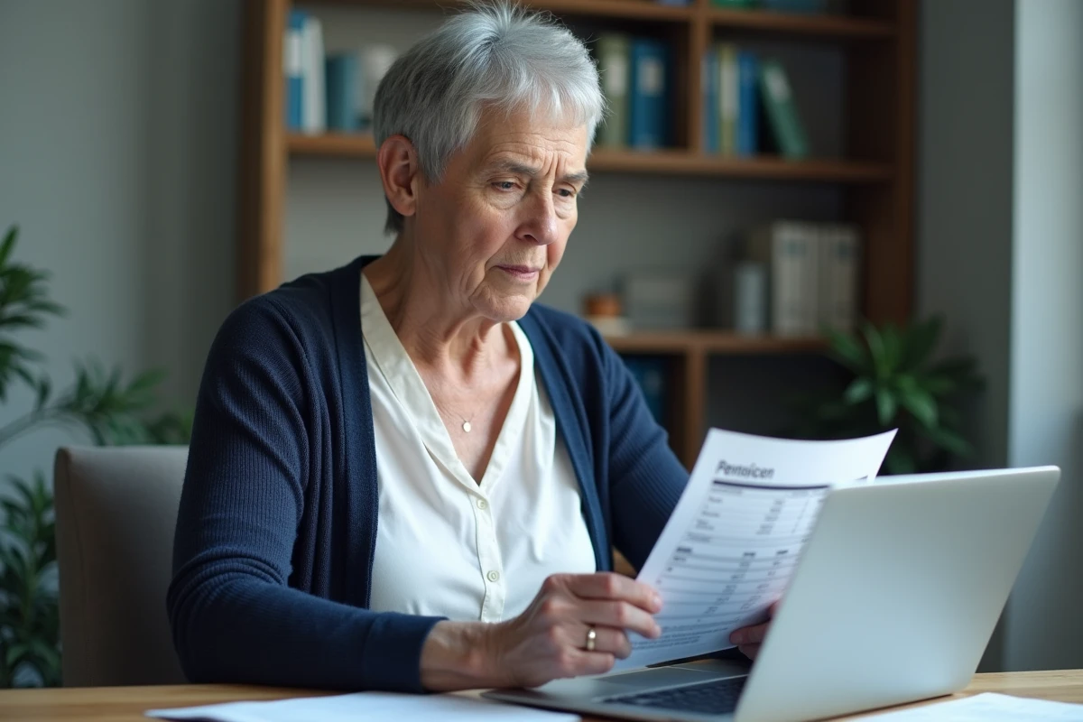 Femme retraitée analysant seule son bulletin de pension sur ordinateur portable, comparant les montants de retraite entre conjoints en 2026