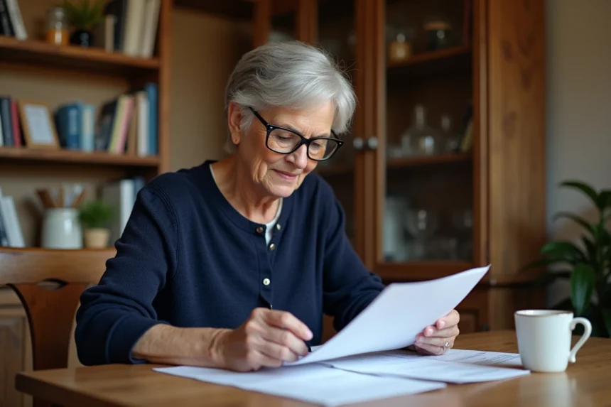 Femme retraitée fonctionnaire consultant des documents administratifs sur la pension de réversion à son domicile