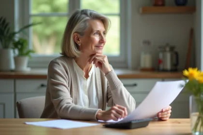 Femme réfléchie dans sa cuisine moderne avec papiers