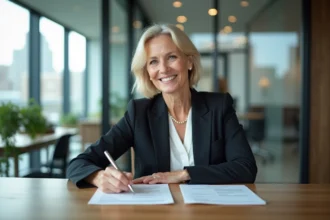 Femme d'environ 60 ans souriante dans un bureau moderne