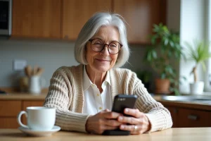 Femme senior souriante charge son mobile dans la cuisine