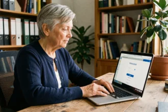 Femme senior créant son compte Agirc Arrco via France Connect sur un ordinateur portable à domicile