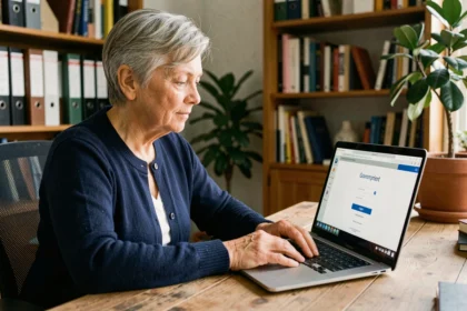 Femme senior créant son compte Agirc Arrco via France Connect sur un ordinateur portable à domicile