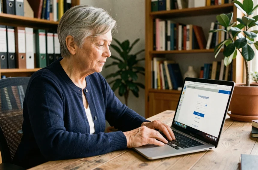 Femme senior créant son compte Agirc Arrco via France Connect sur un ordinateur portable à domicile