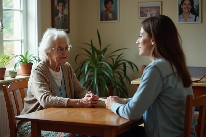 Femme âgée en conversation avec une assistante sociale dans une cuisine chaleureuse