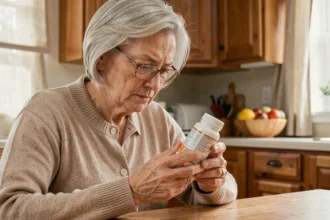 Femme senior lisant attentivement la notice d'un complément alimentaire Bion 3 dans une cuisine lumineuse