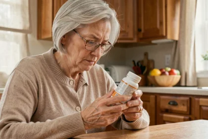 Femme senior lisant attentivement la notice d'un complément alimentaire Bion 3 dans une cuisine lumineuse