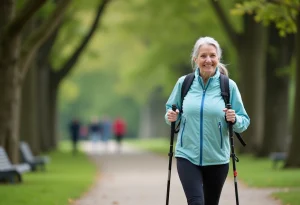 Femme senior active marche avec bâtons dans un parc