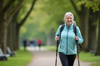 Femme senior active marche avec bâtons dans un parc