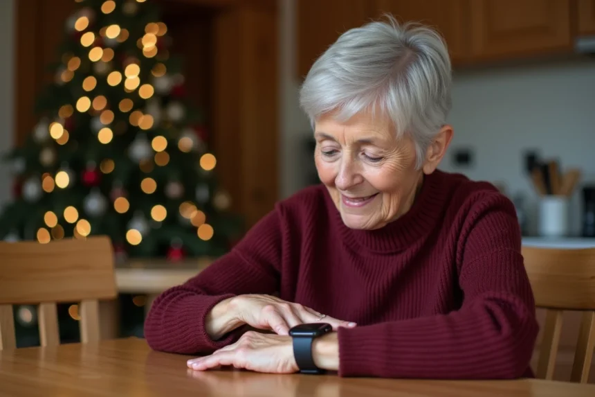 Femme senior examinant sa montre connectée au poignet pendant les fêtes de Noël dans une cuisine chaleureuse