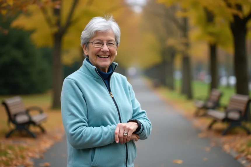 Femme senior portant une montre SOS lors d'une promenade en plein air dans un parc en automne