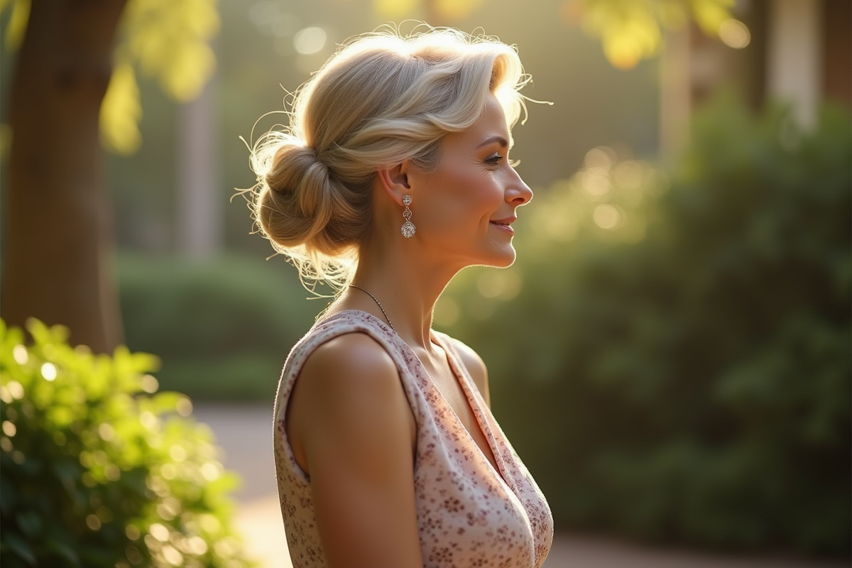 Femme senior sophistiquée en extérieur sous la lumière douce du soleil