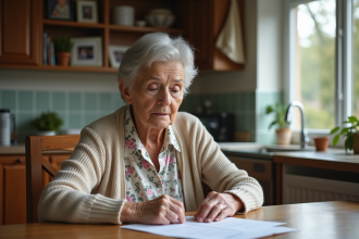 Femme senior examinant des papiers dans sa maison