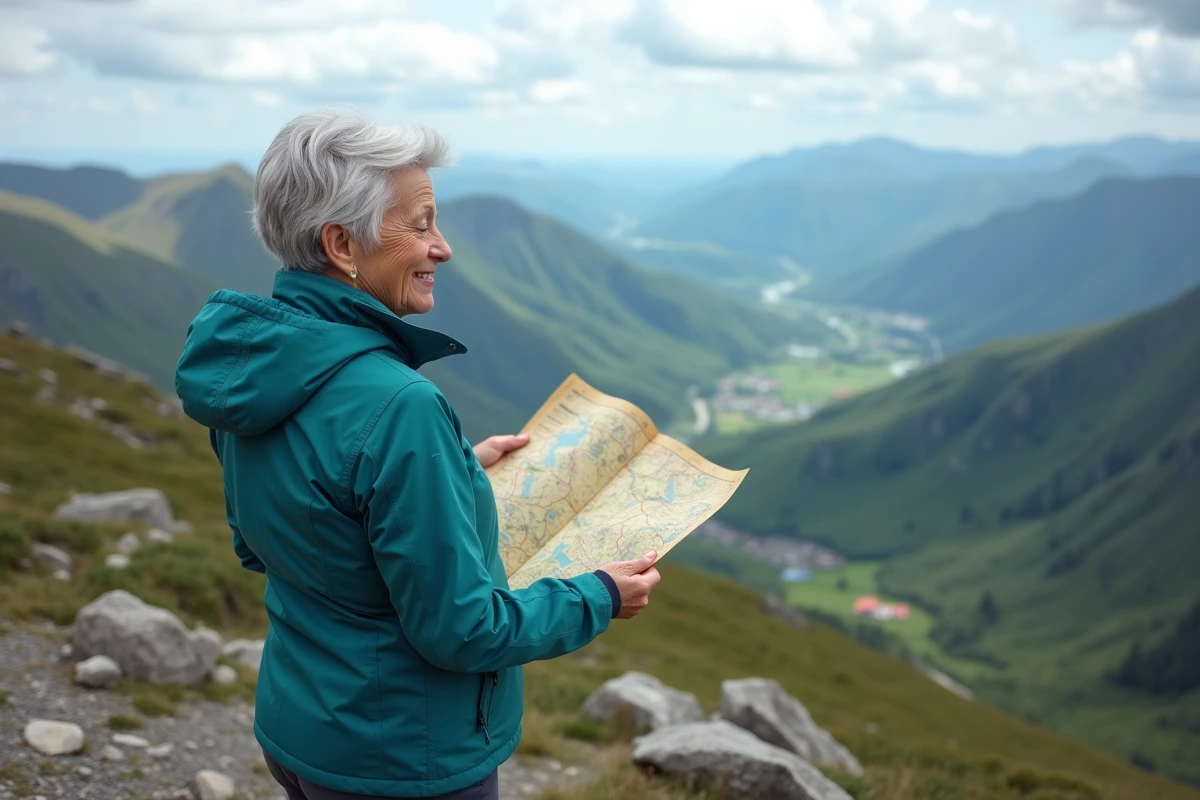 Femme senior célibataire en pause sur une crête de montagne, contemplant un panorama de vallée avec une carte de randonnée à la main