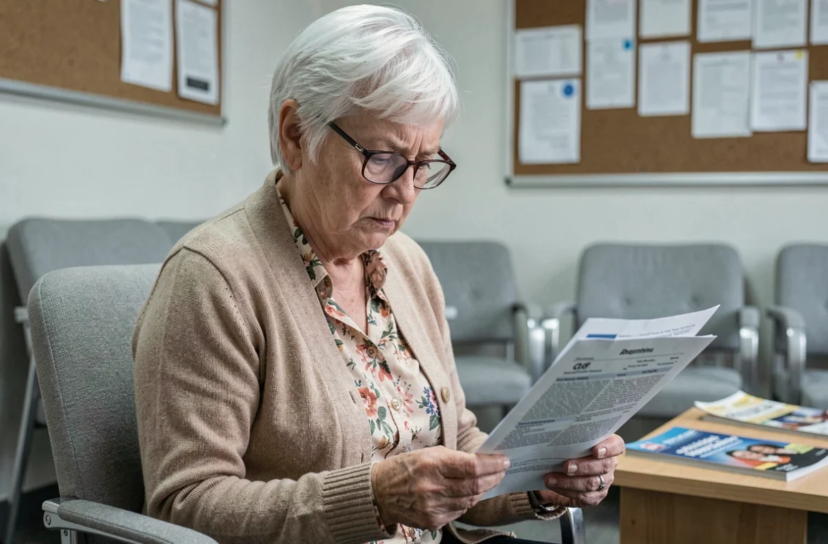 Une femme senior lisant un document administratif dans une salle d'attente lors d'une démarche de renouvellement de permis de conduire après 70 ans