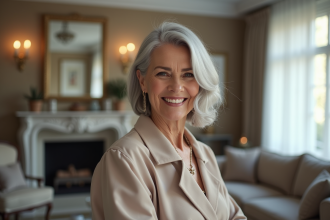 Femme senior élégante avec cheveux gris modernes dans un salon lumineux