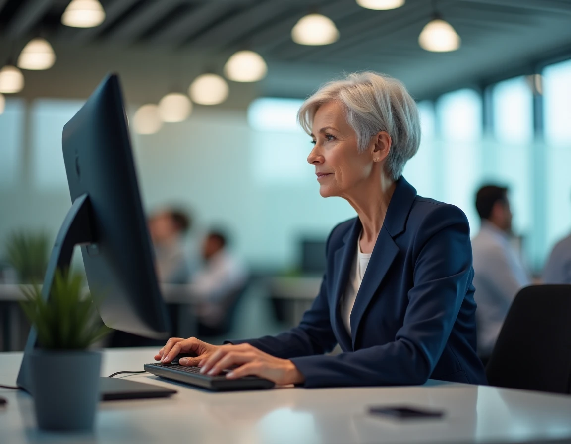 Femme senior en blazer consultant un portail de vérification des droits retraite sur un ordinateur de bureau en open space