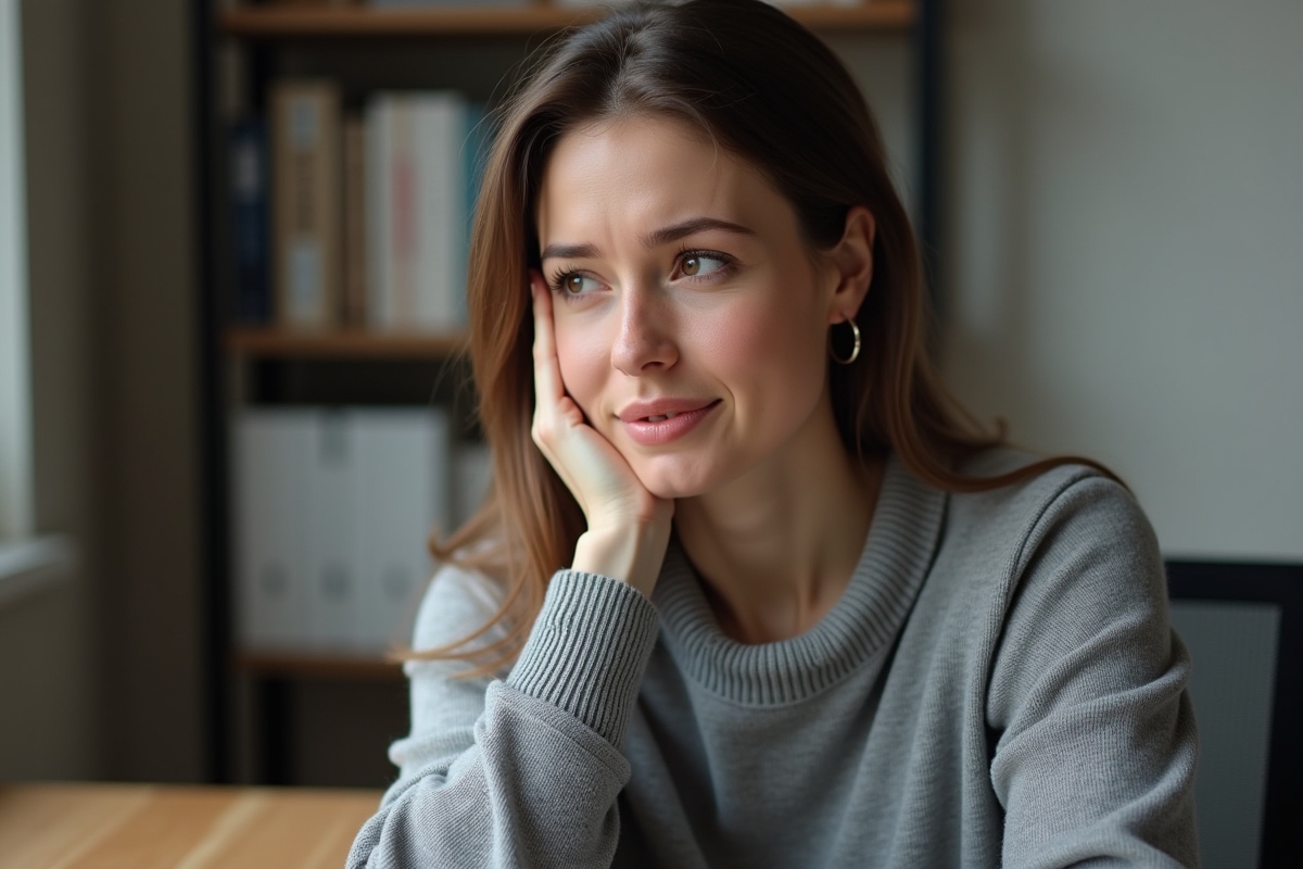 Femme en introspection touchant son épaule dans un bureau