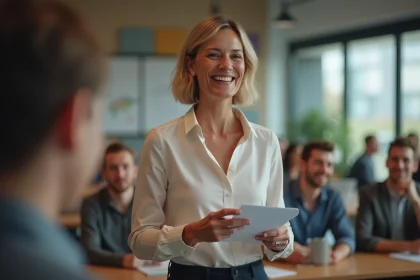 Femme souriante en blouse dans un bureau moderne