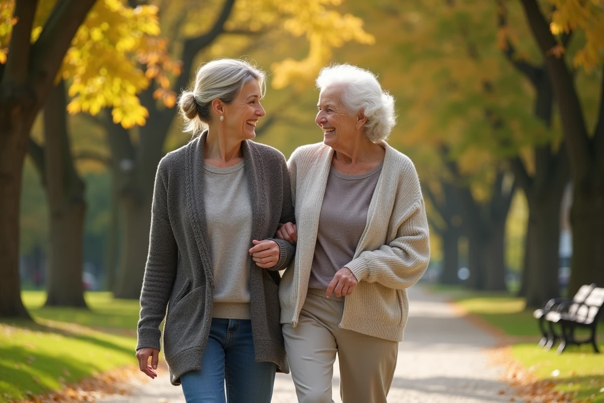 Femme aidant sa mère dans un parc en automne