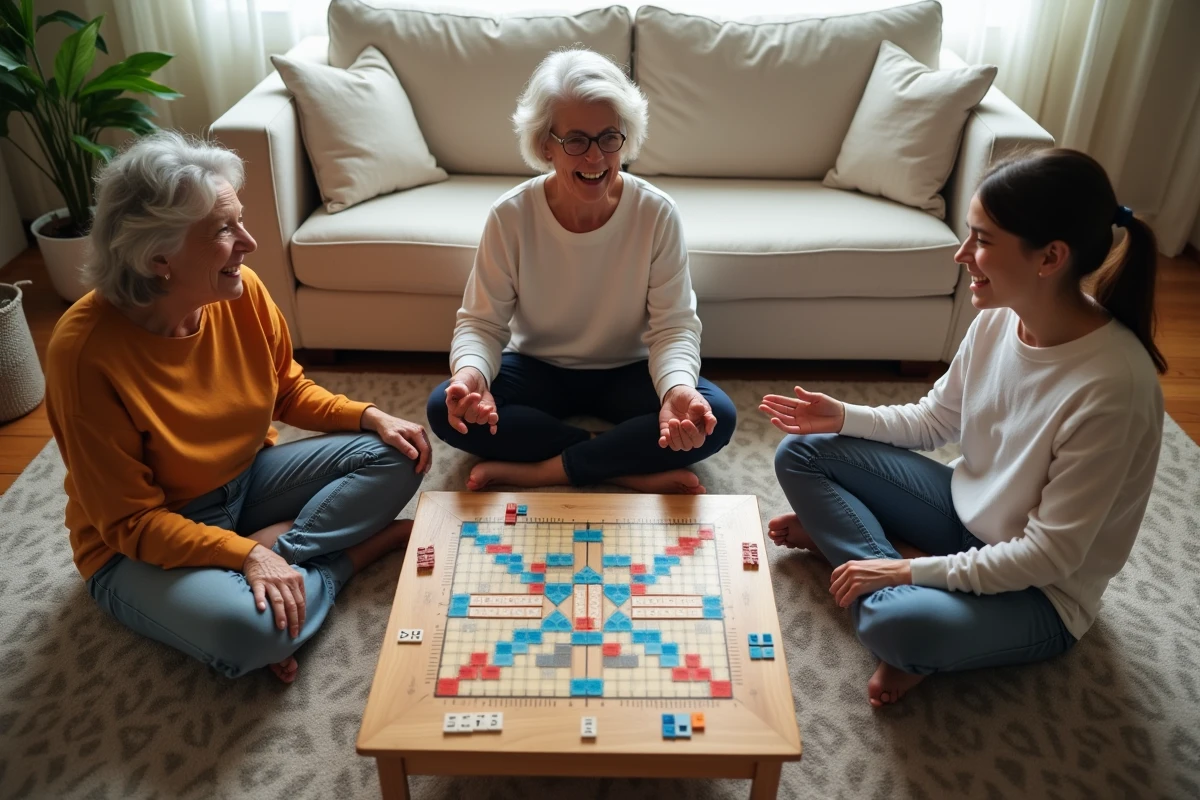Deux femmes seniors et une adolescente jouant ensemble à un jeu de lettres sur le sol d'un salon, partage intergénérationnel convivial et bien-être