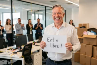 Homme souriant tenant une pancarte humoristique lors de sa fête de départ en retraite au bureau